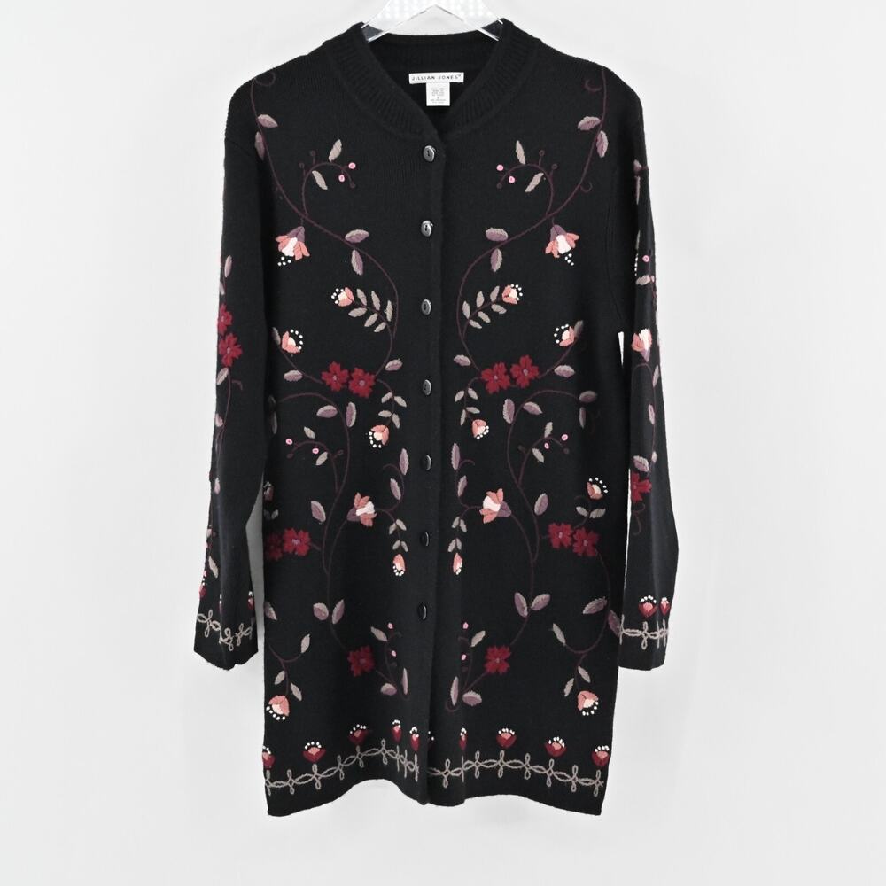 Vtg‎ Floral Embroidered Sweater Womens Size S Black Wool Longline JILLIAN JONES